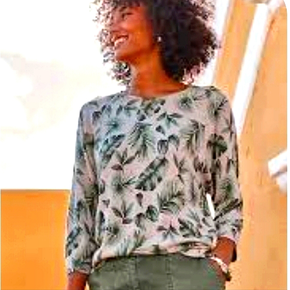 J.Jill Palm-Leaf Printed Sweater in Pink Salt Royal Palms Size Large Tall - Picture 2 of 11